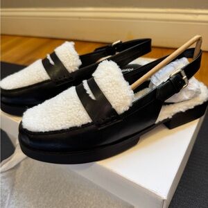 NWT Luciana Black/ White Faux Sherling Slingback Loafers